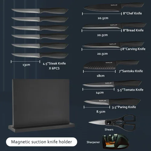 Miniatura 2 de Juego de cuchillos de cocina SipLip con soporte magnético para cuchillos, juego de 15 piezas de cuchillos de cocina de acero inoxidable de alto