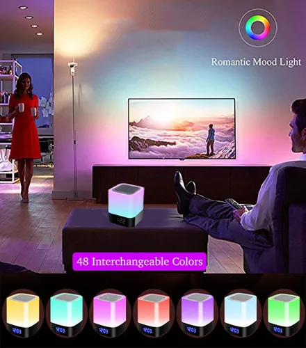 Miniatura 5 de Altavoz Bluetooth con luces nocturnas, reloj despertador inalámbrico Bluetooth, lámpara de noche con sensor táctil, luces nocturnas que cambian