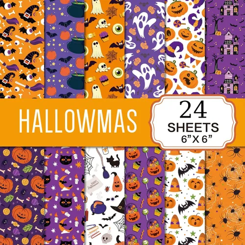 Miniatura 11 de Papel para álbum de recortes de Halloween, 24 hojas de 6 x 6 pulgadas, diseño de calabaza, araña, fantasma, murciélago, papel para hacer tarjetas