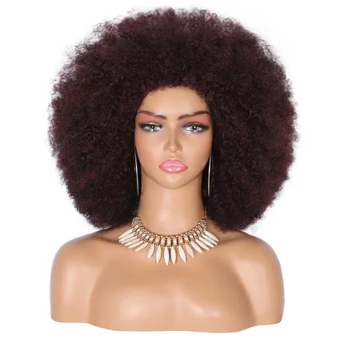Kalyss Pelucas Afro Largas de 16" para Mujeres Negras, Pelucas Afro Rizado Kinky de los Años 70 Color Negro Cereza, Pelucas Grandes con Volumen y