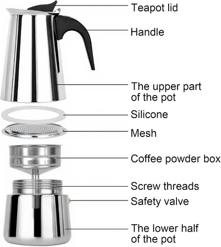 Miniatura 4 de Moka - Cafetera clásica italiana de acero inoxidable, cafetera italiana clásica de 6 tazas/10 onzas, cafetera de café para capuchino o café