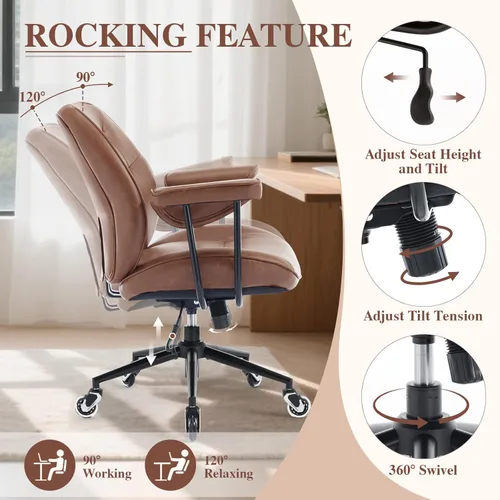 Miniatura 7 de Silla de escritorio de oficina en casa, piel sintética retro con soporte lumbar y ruedas de goma, silla ergonómica de computadora con respaldo