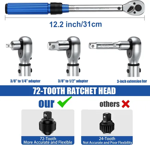 Miniatura 4 de BULLTOOLS Llave dinamométrica de 3/8 pulgadas con clic de accionamiento, juego de llaves dinamométricas de 72 dientes de dirección dual. Llave