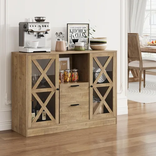 Miniatura 3 de BOTLOG Armario de buffet con almacenamiento, gabinete de barra de café con cajones, aparador buffet Cbinet con puertas de vidrio y estantes