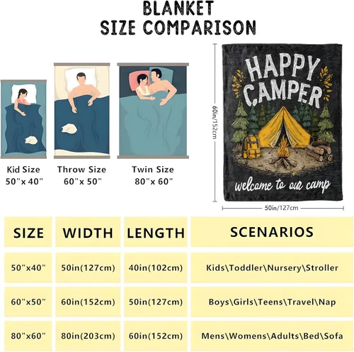 Miniatura 3 de Manta de franela suave y acogedora con diseño de campista Happy Campfire y Forest Tent Impreso Fondo negro para amantes del aire libre, dormitorio