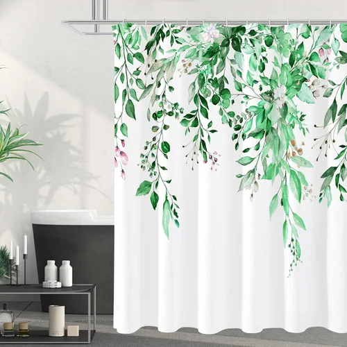 Miniatura 10 de Gibelle - Cortina de ducha de eucalipto marrón, hojas de plantas de acuarela con diseño floral, juego de cortina de ducha con ganchos, 72 x 72