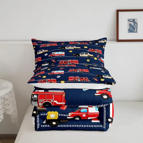 Miniatura 5 de Feelyou Juego de ropa de cama de camión de bomberos, edredón de coche de bomberos y policía para decoración de habitación de niños, tamaño Multi D05