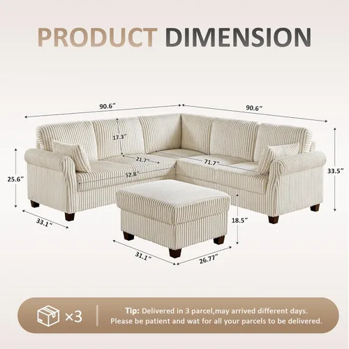 Miniatura 2 de Sofá modular modular en forma de V de 90.6 pulgadas con otomana de almacenamiento, sofá esquinero de pana de 6 asientos con asiento profundo