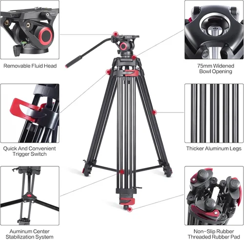 Miniatura 2 de miliboo Trípode para cámara de video, trípode resistente con cabezal fluido, altura máxima de trabajo 76.4 pulgadas, trípode de fotografía de gran