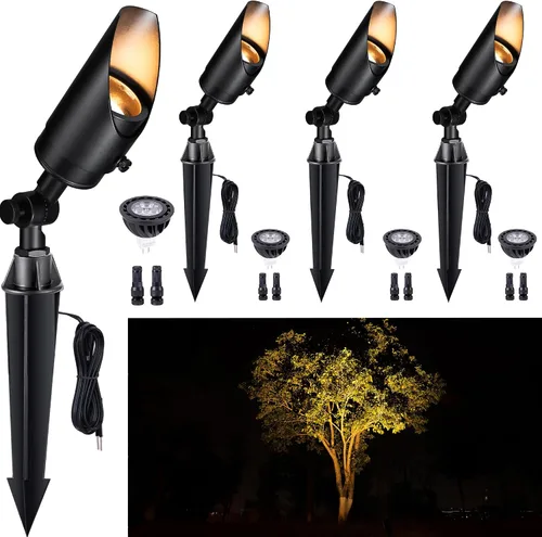 Miniatura 34 de Gardenreet Focos de paisaje de latón de bajo voltaje, luz LED para exteriores de 12 V, luces con cable IP65 impermeables, bronce antiguo