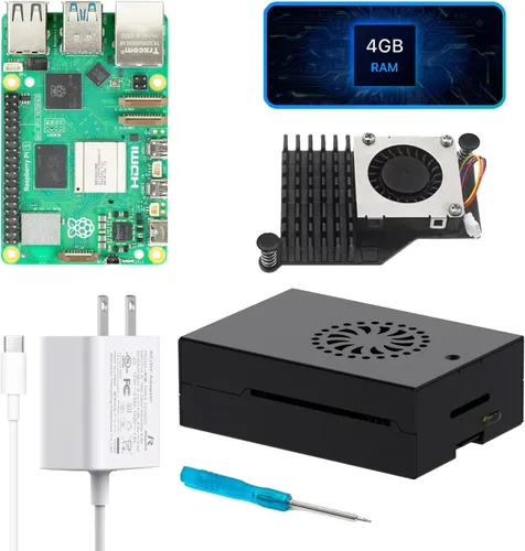iRasptek Kit básico de inicio para Raspberry Pi 5 4GB RAM- Incluye placa de 4 GB, fuente de alimentación PD de 27 W, caja de metal Pi5 y enfriador