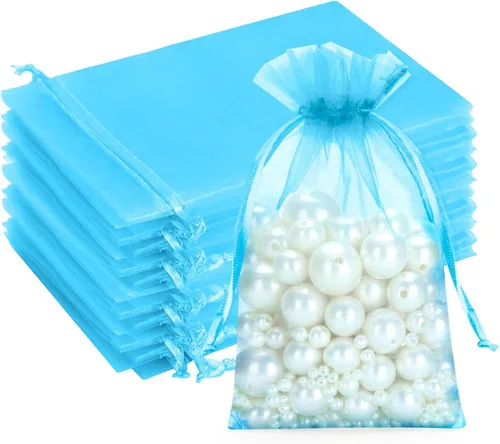 Miniatura 25 de G2PLUS Bolsas de organza con cordón de 4 x 6 pulgadas, 100 bolsas de organza azul aguamarina, bolsas de malla transparente para joyas, bolsa