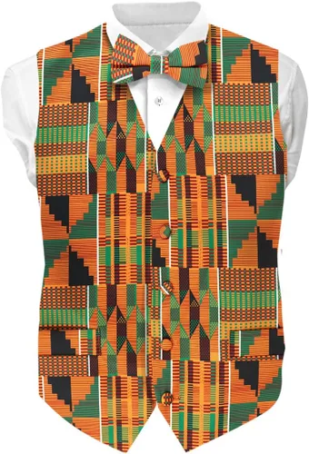 Conjunto de chaleco y pajarita para hombre, 2 piezas, juego de chaleco africano con estampado de animales y kente