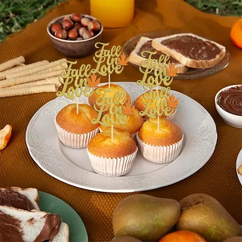 Miniatura 5 de Rsstarxi Paquete de 24 adornos para cupcakes con hojas de otoño, día de Acción de Gracias, palillos de dientes, despedida de soltera, decoración
