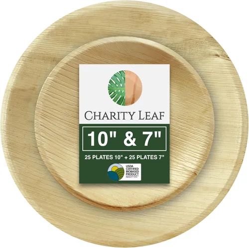 Charity Leaf Paquete de 25 platos redondos de 10 pulgadas y 25 platos redondos compostables de hoja de palma de 7 pulgadas | Perfecto para fiestas,