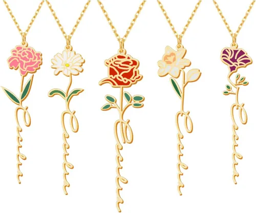 Birth Flower Name Necklace Personalized 18K Gold Plated Birth Month Flower Necklace Dainty Flower Necklace Custom Jewelry Mothers Birthday Christmas