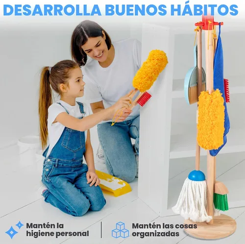 Miniatura 6 de Conjunto de limpieza de madera para niños pequeños, 8 piezas de juguetes de limpieza Montessori con escoba y trapeador para niños, juguete