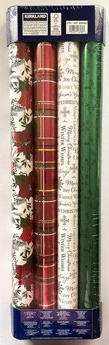 Miniatura 2 de Kirkland Signature 4 rollos de papel de regalo de Navidad, 180 pies cuadrados, flor de pascua, a cuadros, blanco hueso, verde