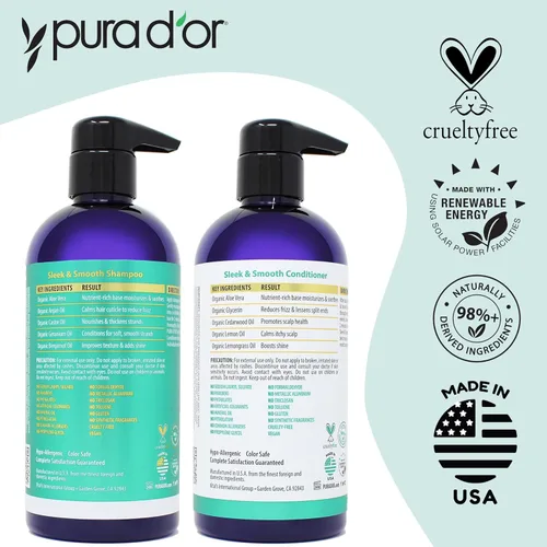 Miniatura 5 de PURA D'OR Elegante y suave juego de champú y acondicionador para cabello liso sin encrespamiento y sedoso, infundido con aloe vera orgánico, aceite