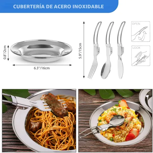 Miniatura 6 de Odoland 15pcs Camping Cookware Mess Kit, Non-Stick Lightweight Pot Pan Kettle Set with Stainless Steel Cups Plates Forks Knives Spoons for Camping