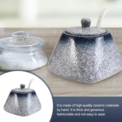 Miniatura 8 de Cabilock Azucarero japonés de cerámica, recipiente de condimento vintage, tarro de almacenamiento de sal con tapa y cuchara para cocina, Azul