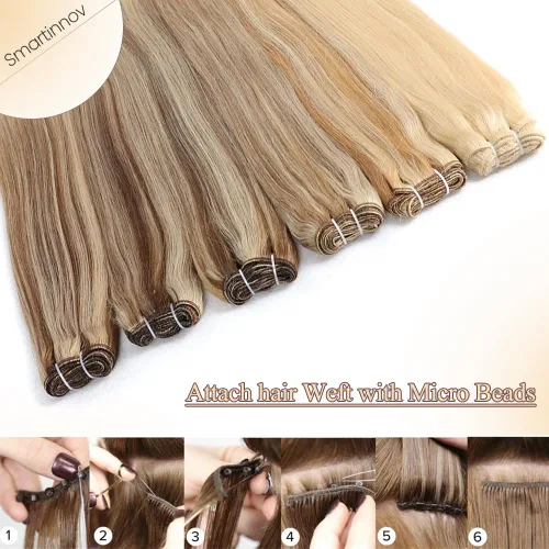 Miniatura 6 de Extensiones de cabello humano real con trama cosida, atadas a mano, color rubio ceniza a rubio con reflejos, extensiones cosidas con trama