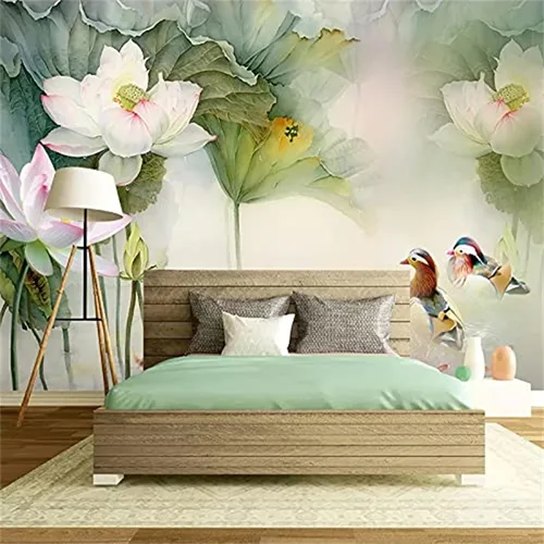 Miniatura 2 de Vinilo decorativo para pared con diseño de loto y pato floreciente, calcomanías de pared de estilo chino, murales de pared extraíbles, decoración