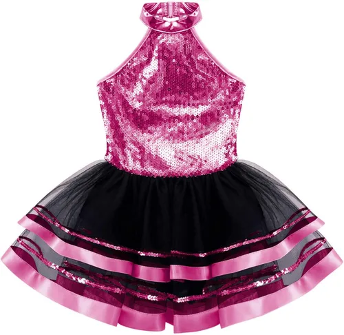 Miniatura 44 de CHICTRY Vestido tutú de ballet con lentejuelas brillantes para niñas y niñas, moderno disfraz de baile latino de jazz