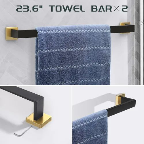 Miniatura 2 de Dorudon Atrox Juego de 7 piezas de baño – Juego de accesorios negros y dorados – Toallero cuadrado de 2 x 23 pulgadas, toallero de mano, soporte