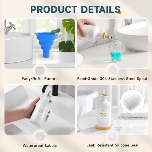 Miniatura 6 de Dispensador de enjuague bucal de vidrio para baño, botella de enjuague bucal recargable de 14 onzas con 2 tazas de vidrio y bandeja de bambú, Blanco
