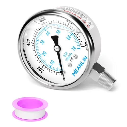 Miniatura 34 de MEANLIN MEASURE Medidor de presión de acero inoxidable relleno de líquido de 0 ~ 100 psi con junta de acero inoxidable 316, esfera de cara NPT