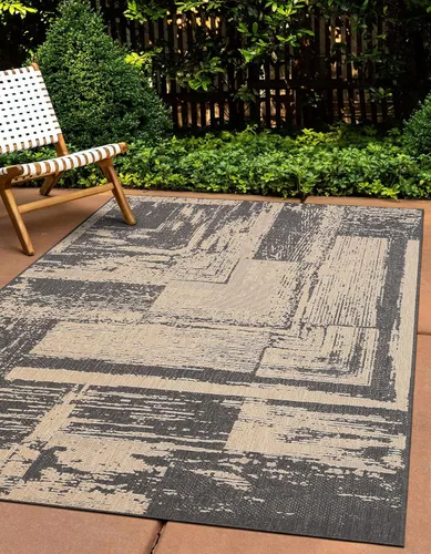Miniatura 4 de Alfombra abstracta moderna para interiores y exteriores, resistente a la intemperie, para porche, terraza, balcón, patio, 8 x 10 pies, color gris
