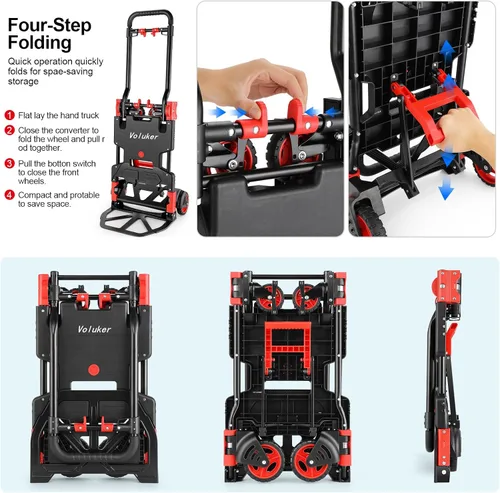 Miniatura 4 de Carretilla de Mano Plegable de 330LB Carretilla de Transporte, Carretillas de Mano de Servicio Pesado Combinación de 4 Ruedas y 2 Ruedas Carrito