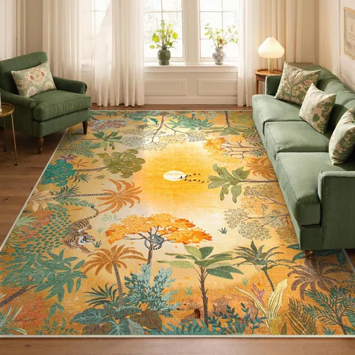 Lahome Alfombra de Otoño Selva 5 x 7 pies para sala de estar y dormitorio, lavable a máquina, alfombra suave de atardecer para niños para sala de