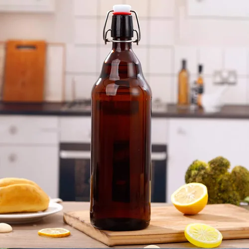 Miniatura 5 de Botellas de vidrio, botella de almacenamiento de vidrio marrón recargable con tapas abatibles, botellas de cierre de hierro ámbar con calcomanías