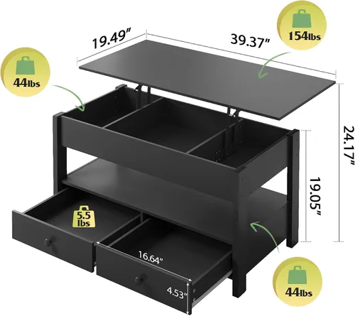 Miniatura 3 de WLIVE Mesa de Centro, Mesa de Centro con Tapa Elevable con 2 Cajones, Gran Almacenamiento y Estante Abierto, Tapa de Mesa Elevable para Sala de Negro