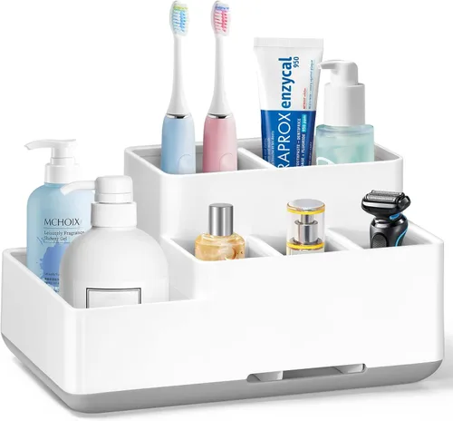 Soporte para cepillo de dientes eléctrico, organizador de baño antideslizante desmontable con 6 compartimentos y agujeros de drenaje, organizador de