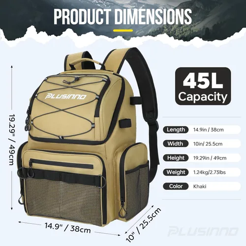 Miniatura 3 de PLUSINNO - Mochila de pesca con portacañas y enfriador de 45L, mochila grande resistente al agua para aparejos de pesca, ideal para guardar
