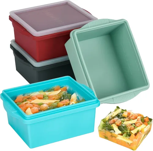 Miniatura 9 de Xomoo Bandejas de silicona para congelador de 2 tazas con tapas, moldes de silicona para congelar sopa - A prueba de fugas, sin BPA, apilables, Azul