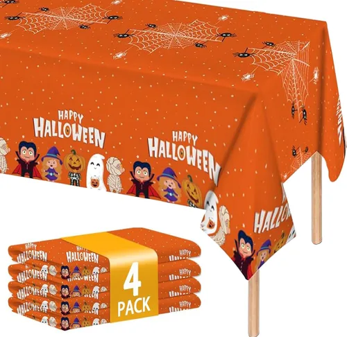 Miniatura 8 de ATFUNSHOP Mantel de plástico de Halloween, 4 unidades, 54 x 108 pulgadas, mantel rectangular desechable, tela de araña negra, impermeable, a prueba