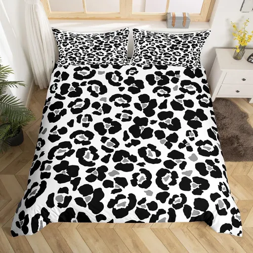 Miniatura 2 de Juego de funda de edredón con estampado de leopardo abstracto, tamaño individual, juegos de ropa de cama de piel de guepardo negro y gris