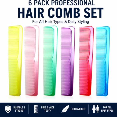 Miniatura 2 de Juego de 6 peines profesionales de 9 pulgadas con dientes finos y anchos, peine de peluquería duradero para hombres y mujeres, desenredante, corte