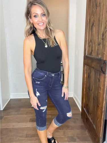 Miniatura 2 de luvamia Pantalones capri para mujer, elásticos, de cintura alta, desgastados, rasgados, ajustados, recortados