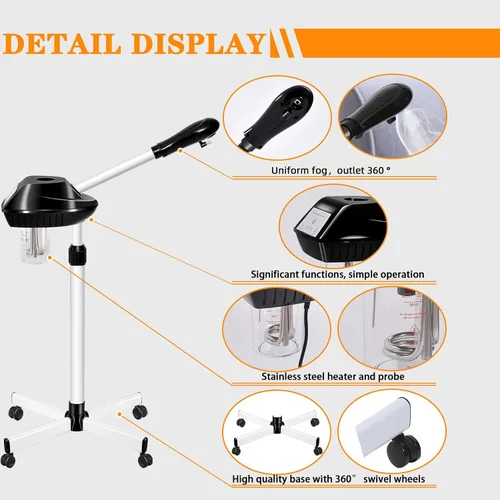 Miniatura 4 de Vaporizador Facial Profesional sobre Ruedas con Configuración de Tiempo, Vaporizador para Esteticistas con Más Vapor para Limpieza Profunda e