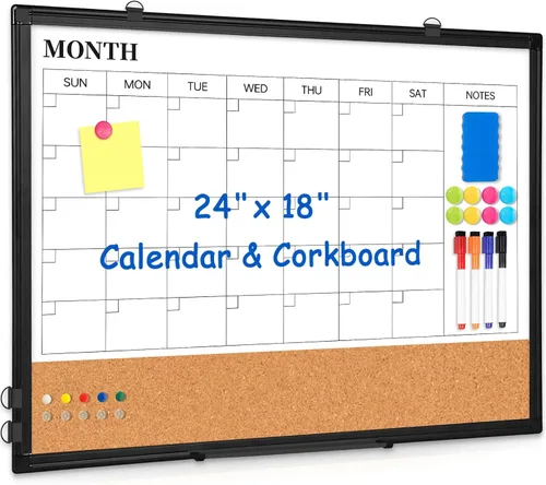 Miniatura 21 de Pizarra Blanca de Calendario Mensual de Borrado en Seco Combinada con Tablero de Corcho para Pared, 24" x 18" Calendario de Pizarra Blanca de Doble