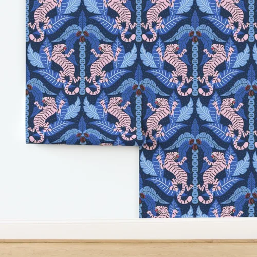 Miniatura 4 de Muestro de papel tapiz extraíble - Tiger Damask Pink Blue Jungle Tropical Papel pintado prepegado personalizado por Spoonflower