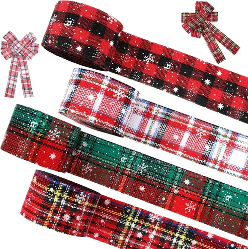 Miniatura 8 de Willbond 4 rollos de cinta de Navidad a cuadros de 24 yardas, cinta de copo de nieve, arpillera a cuadros rojos y verdes, envoltura decorativa
