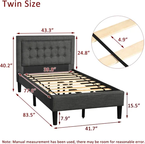 Miniatura 2 de Anwick Cama de plataforma tapizada con botones y soporte de listones de madera resistente (individual, gris)