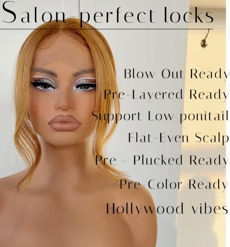 Miniatura 4 de #27 Peluca de encaje frontal rubia miel sin pegamento, onda corporal, pelucas de encaje frontal sintéticas prediseñadas, con línea de cabello #27