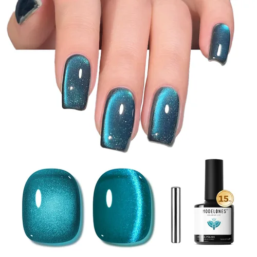 Miniatura 42 de Modelones Esmalte de uñas de gel ojo de gato arco iris con lentejuelas plateadas holográficas, esmalte de uñas de gel 9D con barra magnética, apto